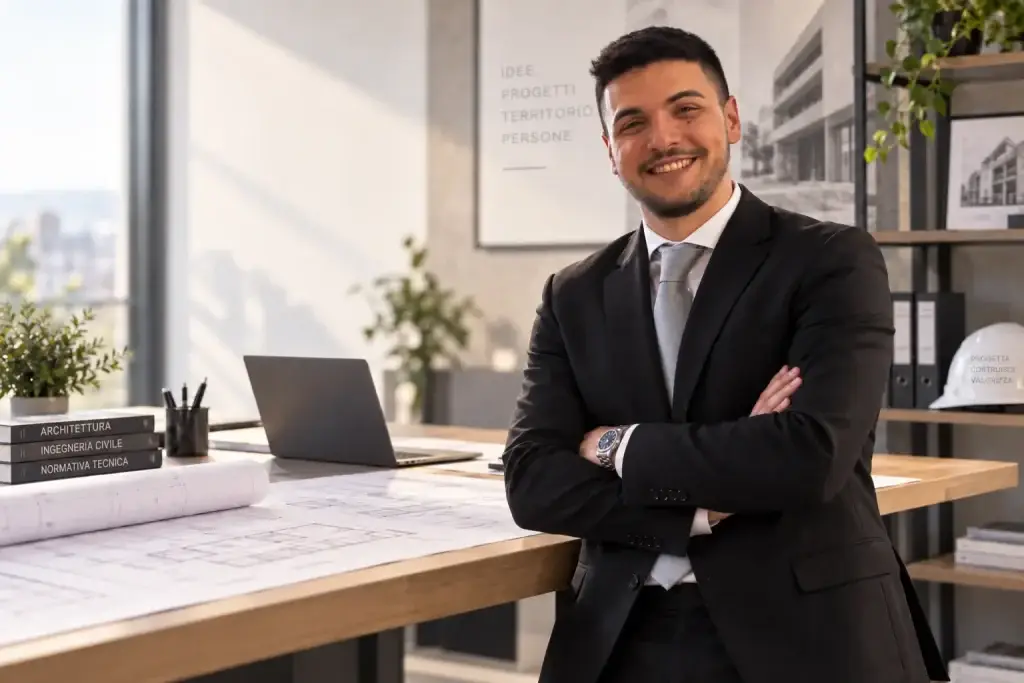 Geometra Lorenzo D’Ambrosio in abito professionale all’interno di uno studio tecnico moderno, con planimetrie, laptop e documentazione di progettazione sullo sfondo.
