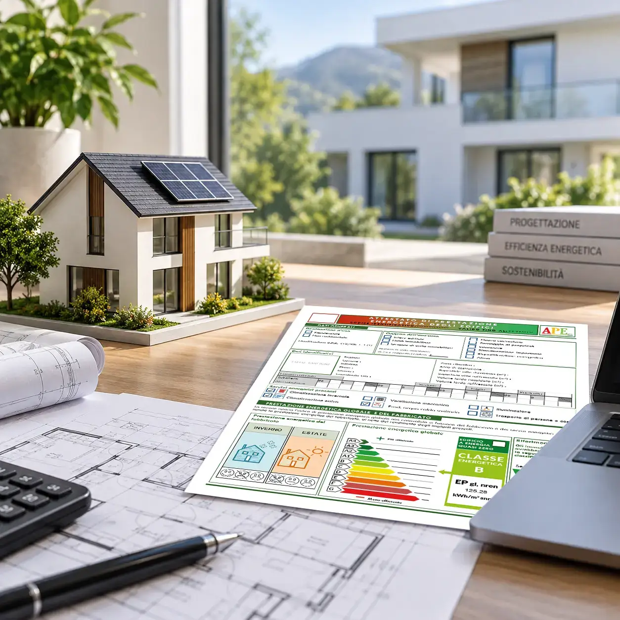 **Testo alternativo:** Modello di abitazione moderna con pannello fotovoltaico su una scrivania da studio tecnico, accanto a planimetrie, laptop e Attestato di Prestazione Energetica con scala delle classi energetiche da A a G.